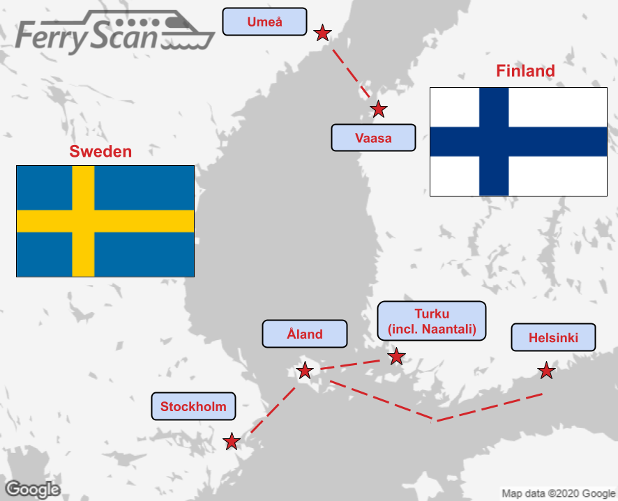 Map of ferry routes between Finland and Sweden