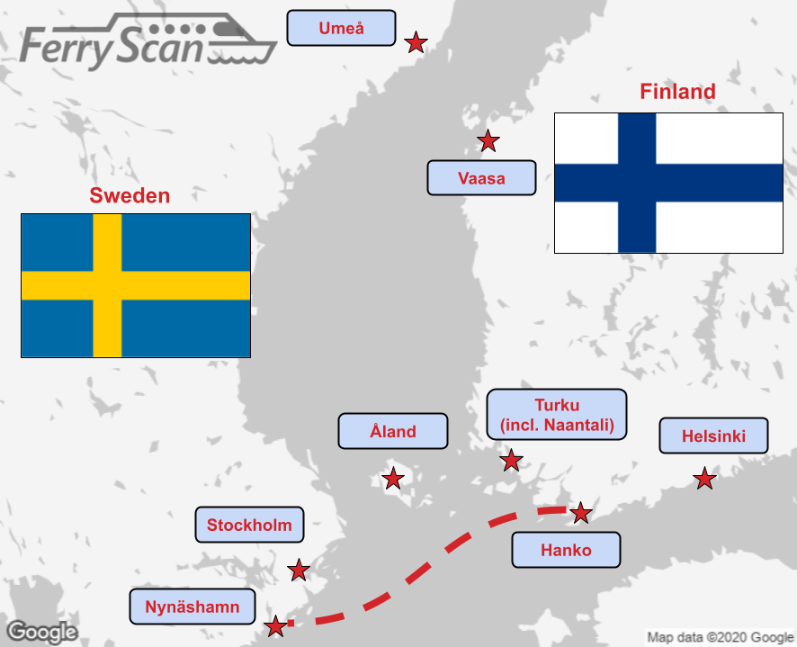 Map of ferry route between Stockholm (Nynäshamn) and Hanko