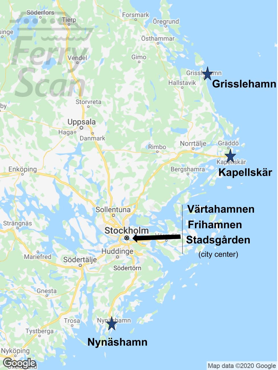 Map of the Stockholm region with Stockholm's passenger ferry ports marked