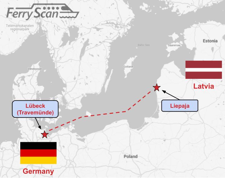 Map of Lübeck-Liepaja ferry route.
