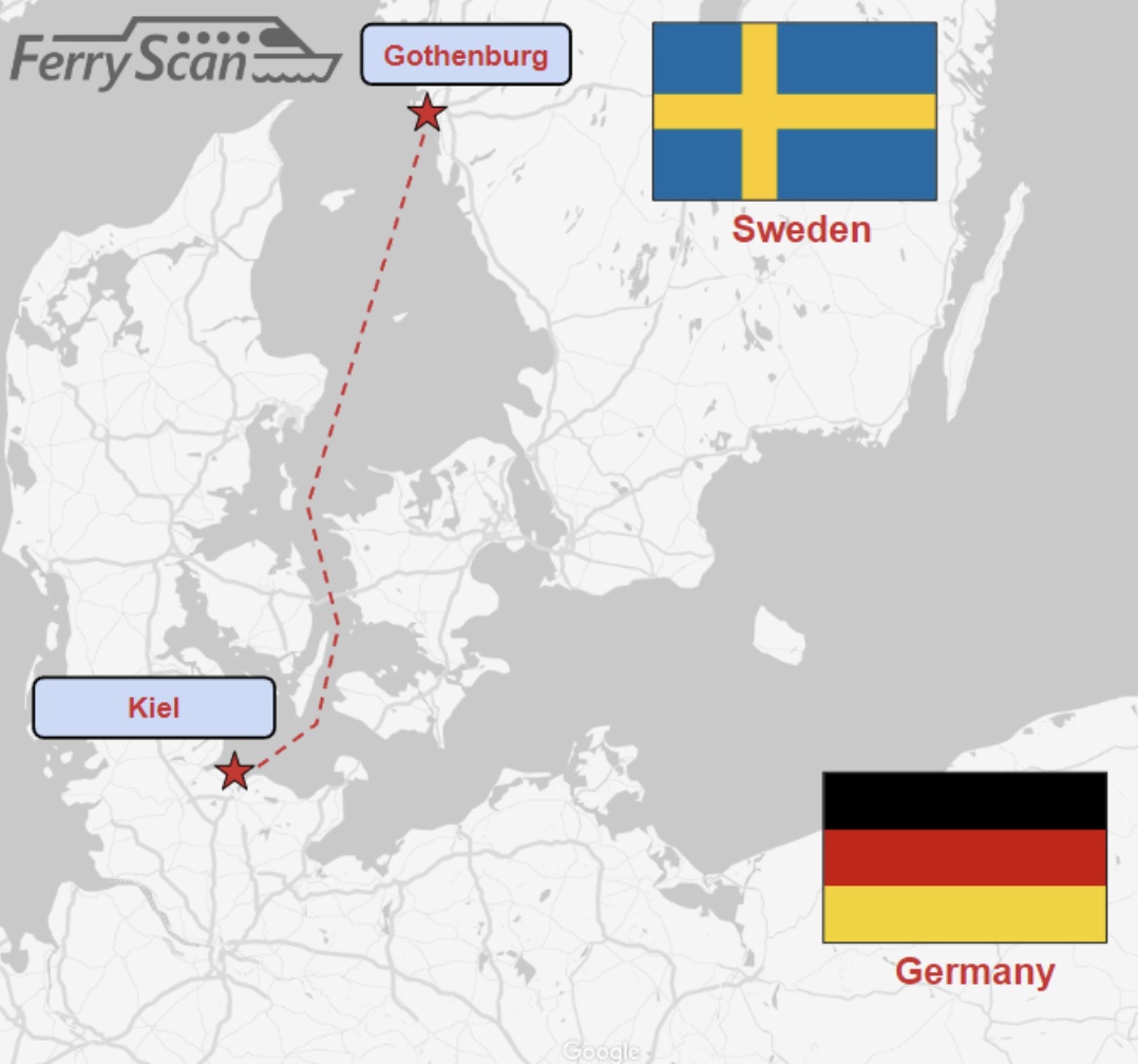 Ferry route map from Kiel to Gothenburg