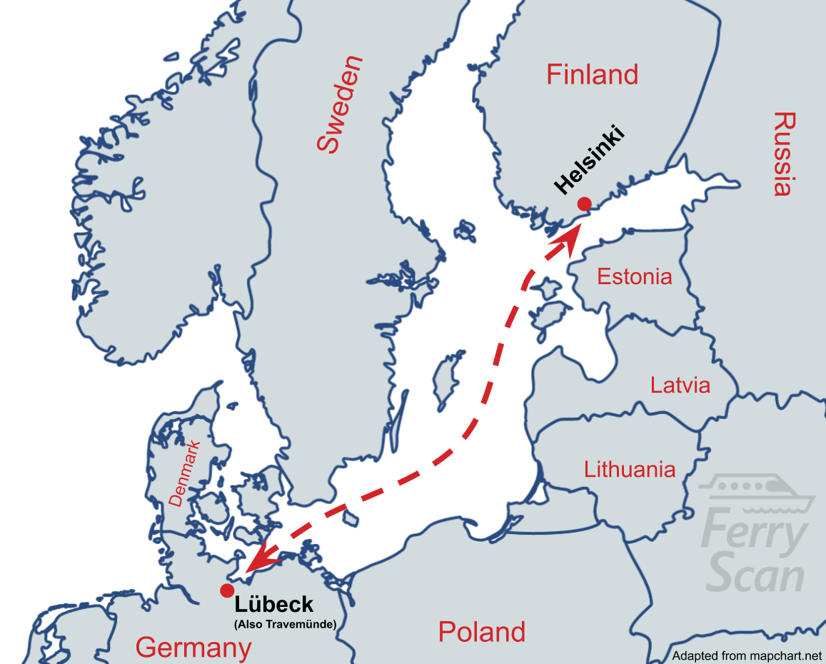 Map of Finnlines Lübeck-Helsinki ferry route.