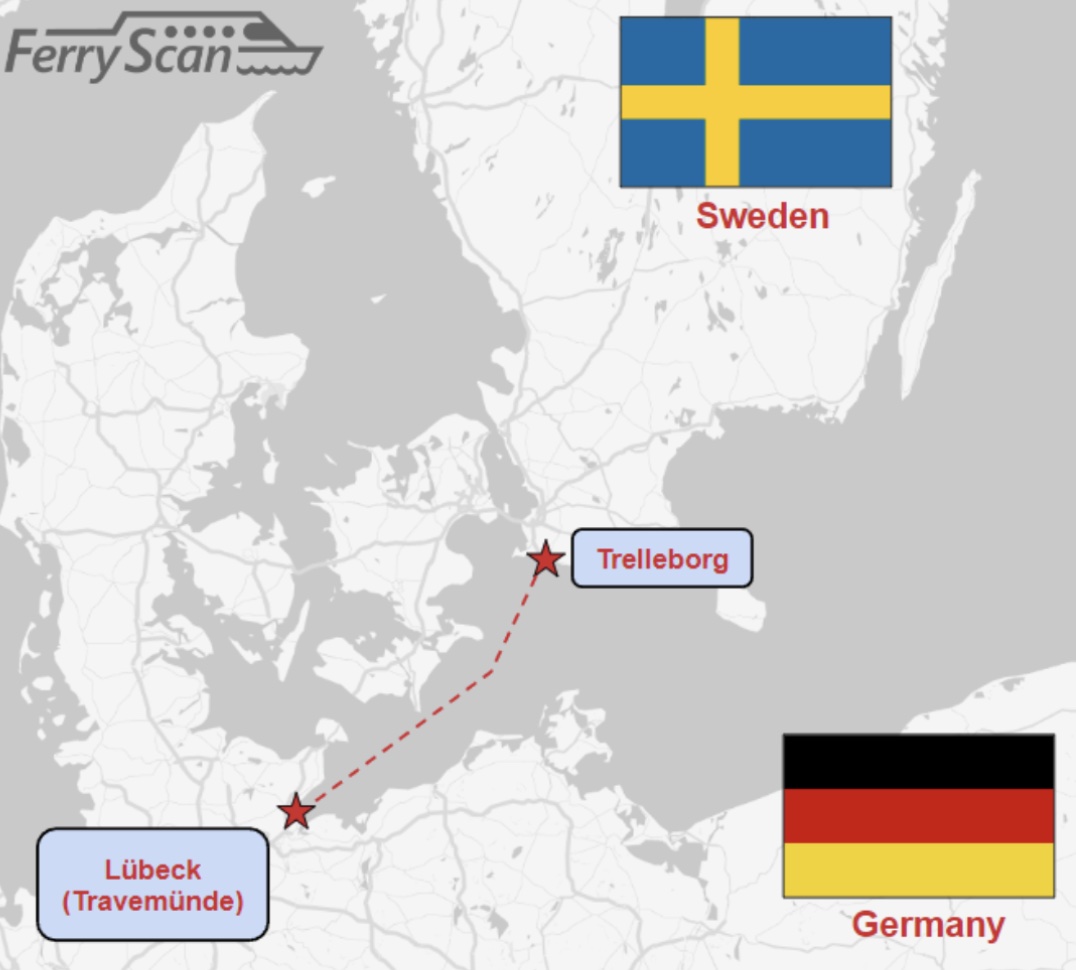 Ferry route map from Lübeck to Trelleborg